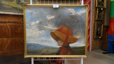 a painting of a woman with a hat on a stand