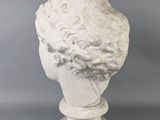 marble bust of a woman ' s head on a pedestal on a gray background