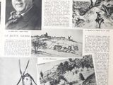 an old book with pictures of people and windmills in the background