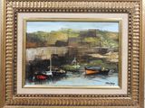 a painting of boats on the water in a gold frame