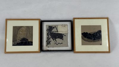 three framed photographs of a horse and rider on a white surface