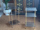 pair of glass and brass side tables in a room with a potted plant in the corner