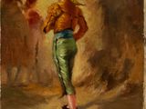 an oil painting of a woman in a yellow top and green pants