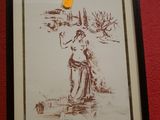 dessin encadré représentant une femme avec un oiseau sur la tête