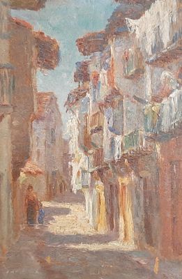 painting of a street with clothes hanging out to dry on a clothes line