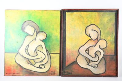 tableau représentant deux tableaux : l'un d'une femme et l'autre d'un homme assis par terre