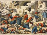 illustration of a group of men in uniform fighting with each other in a street