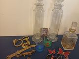a blue table with a bunch of different items on it