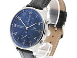 men ' s watch with blue dial and black leather strap