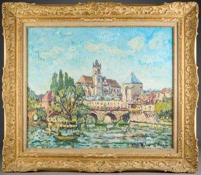 a painting of a bridge over a river with buildings in the background