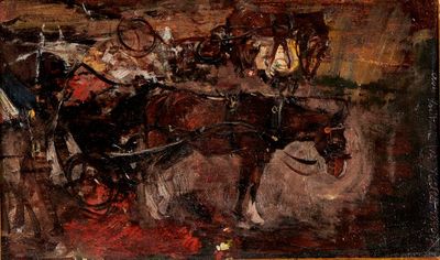 un tableau représentant une calèche tirée par un homme