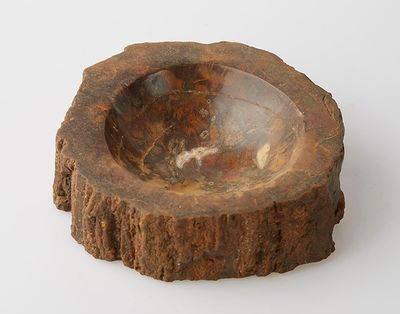a wooden bowl on a white surface with a white background