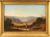 an image of a painting of a man on a horse by a river