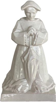 a white statue of a man holding an umbrella
