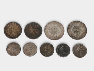 six different types of coins on a white surface