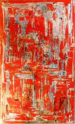 une peinture abstraite réalisée à la peinture rouge et bleue sur fond blanc