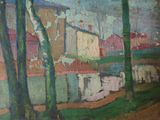 a painting of a house and trees in a field