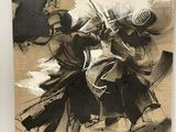 peinture représentant une image en noir et blanc d'un homme portant un casque