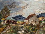 a painting of a farm scene with a bird flying over it