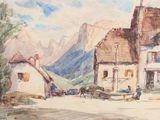 a painting of a horse drawn carriage in front of a house