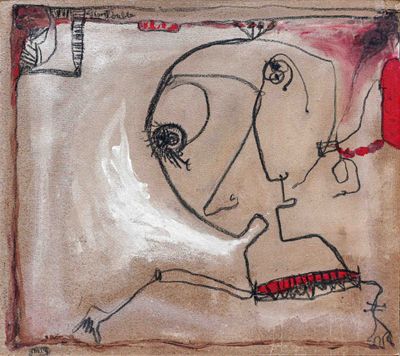 painting of a drawing of a woman ' s face on a piece of paper