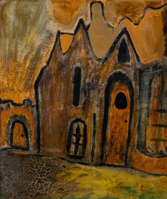 une peinture accrochée au mur d'un immeuble sur laquelle figure une horloge