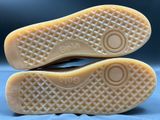 the soles of a pair of shoes on a blue surface