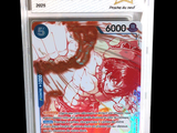 a close up of a card in a plastic case on a black background