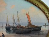 a painting of a group of boats on the water