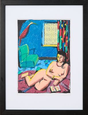 tableau représentant une femme nue assise sur un lit, avec un oiseau en arrière-plan
