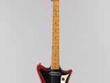 a red electric guitar on a stand against a white background
