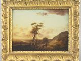 an oil painting of a landscape with a tree in the foreground and a man on horseback in the foreground