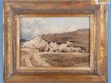 une image représentant un tableau représentant un paysage, dans un cadre doré, accroché à un mur bleu