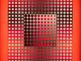 an image of a red and black square with dots on it