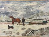 un tableau représentant deux chevaux tirant un traîneau sur lequel se trouvent un homme et un chien