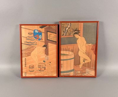 paire de gravures sur bois japonaises représentant une femme dans une baignoire et un homme dans une baignoire