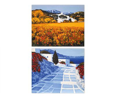 trois tableaux représentant une route de campagne avec des fleurs et des montagnes en arrière-plan