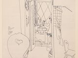 un dessin représentant une pièce avec une chaise et une table