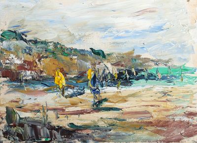 a painting of people walking on the beach with surfboards