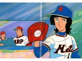 cartoon picture of a baseball player holding a baseball glove in a baseball field