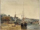 an image of a painting of boats on the water near a shore
