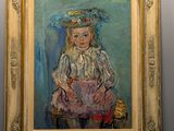 an oil painting of a little girl sitting in a chair