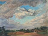 une peinture à l'huile représentant un champ, avec le ciel et des nuages en arrière-plan