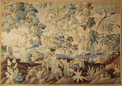 a picture of a tapestry with birds and flowers on it