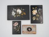 three framed paintings of flowers and leaves on a white wall
