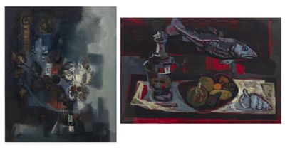 two paintings of a fish and a vase of flowers on a table