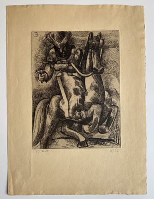 a black and white drawing of a man on a horse