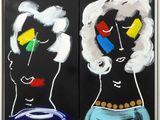 a painting of two women with different colored faces and hair