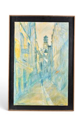 an oil painting of a man walking down a street in a city