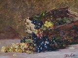 a painting of a basket of grapes on a table